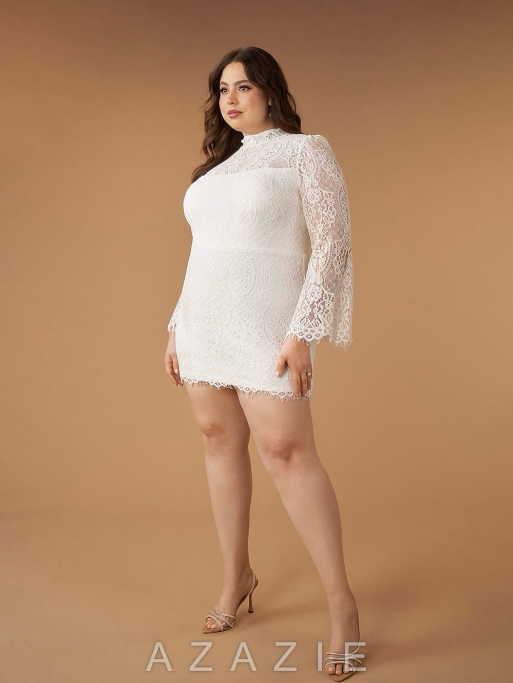 Azazie White Lace High-Neck Mini Dress with Bell Sleeves - Picture 2 of 4